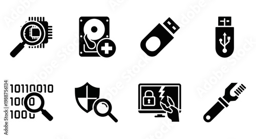 Security icons, cybersecurity symbols, data protection, black vector graphics