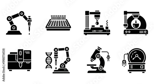 Industrial, robotic, science icons set, 8 black vector graphics