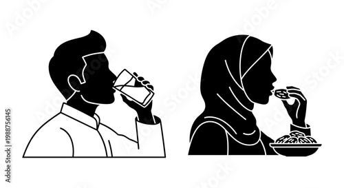 Black and white line art illustrations, people eating and drinking, simple food icons, minimalist style