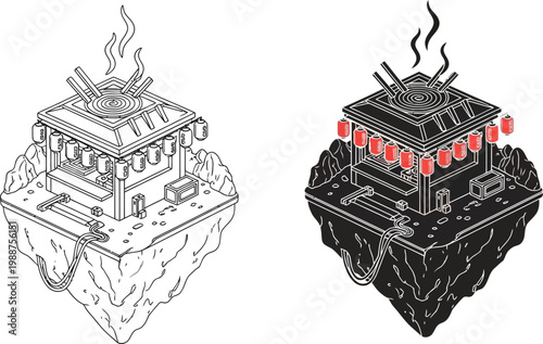 Industrial factory buildings, isometric icons, black and white line art