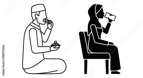 Ramadan, Muslim couple, breaking fast, simple icons, black and white