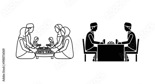 Family dinner, meal, vector icons, people eating, black and white illustrations, food, restaurant, social gathering
