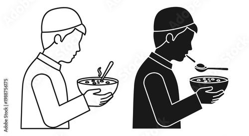 Vector illustration of men eating noodle soup, black and white line art, food icons, minimalist design