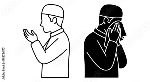 Islamic prayer icons, Muslim man praying, dua illustrations, black and white