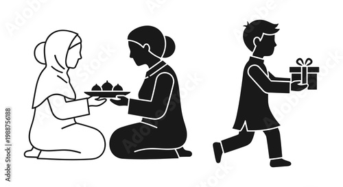 Eid al-Fitr, Ramadan celebration icons, Muslim family, gift giving, black and white vector illustrations