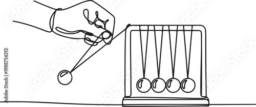 Simple continuous line drawing Newton cradle pendulums kinetic balls hand pulling one. Subjects concept in school and university.one line drawing vector illustration
