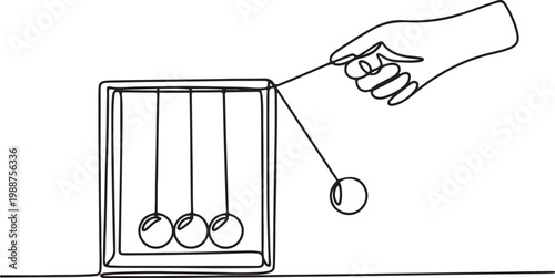 Simple continuous line drawing Newton cradle pendulums kinetic balls hand pulling one. Subjects concept in school and university.one line drawing vector illustration
