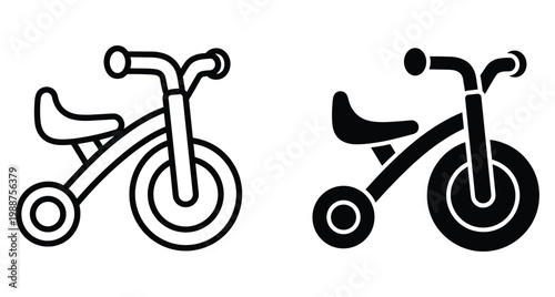 tricycle icon set featuring outline and solid black versions of a three wheeled bicycle for children toddlers and young kids