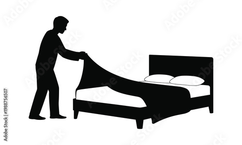 Bed making, hotel housekeeping, cleaning service, flat vector icon