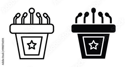 Podium icon set with microphones and star symbol for political speech press conference public speaking debate presentation and government events