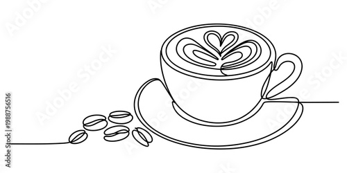 Continuous line drawing of a cup of coffee with latte art and coffee beans on white background Vector, illustration