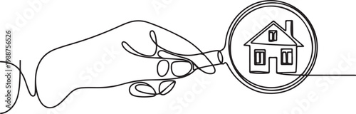Continuous one line drawing big hand holding magnifying glass highlights the miniature house.one line drawing vector illustration