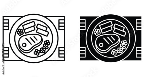 Steak dinner plate icon set featuring grilled meat with vegetable sides on a placemat in outline and solid black styles