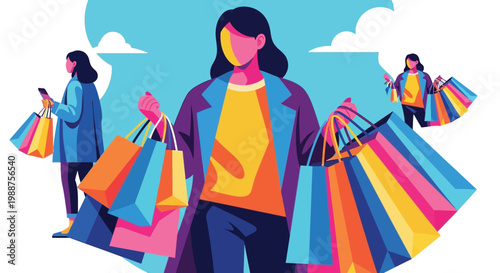 Stylish women carrying many colorful shopping bags in this modern flat vector graphic design style illustration