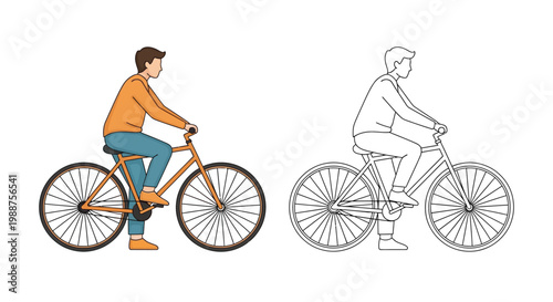 Vector illustration of a man riding a bicycle, showing both colored and outline graphic versions