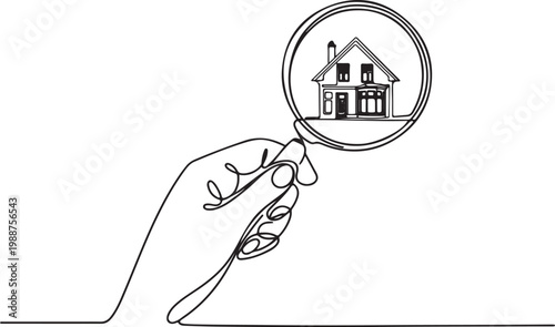 Continuous one line drawing big hand holding magnifying glass highlights the miniature house.one line drawing vector illustration