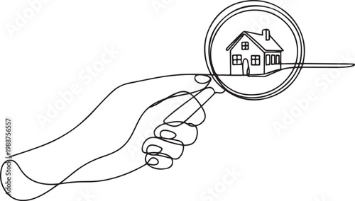 Continuous one line drawing big hand holding magnifying glass highlights the miniature house.one line drawing vector illustration