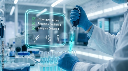 Scientist in lab coat and gloves working with pipette and test tubes in laboratory setting with virtual interface