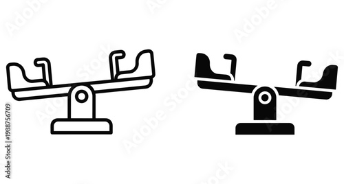 Seesaw icon set featuring outline and solid black glyph styles for playground equipment design elements in park and school recreation