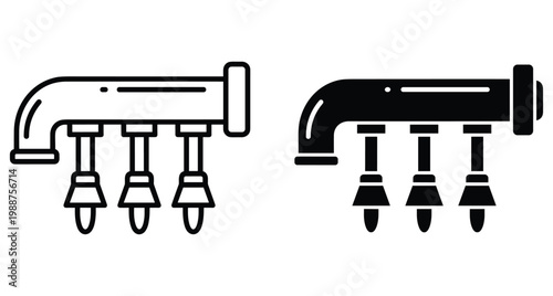 Industrial manifold pipe with three spray nozzles for irrigation or fuel distribution system in outline and solid black vector style