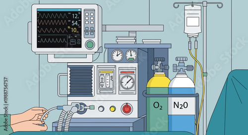 Anesthesia machine with patient monitoring and gas cylinders in operating room