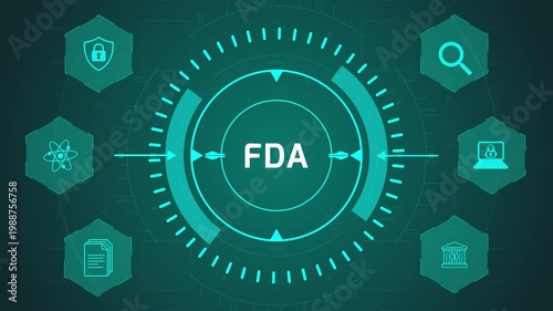 FDA Regulatory Compliance Interface with Circular Digital System and Healthcare Icons on Dark Technology Background Representing Medical Approval Process
