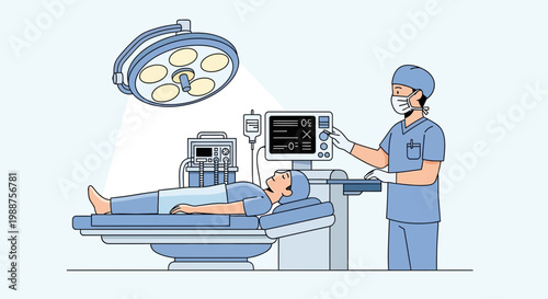 Anesthesiologist Monitors Patient on Operating Table Under Surgical Lamp