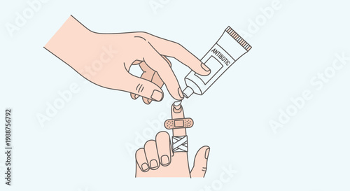 Applying antibiotic ointment to a bandaged finger wound for healing and infection prevention.
