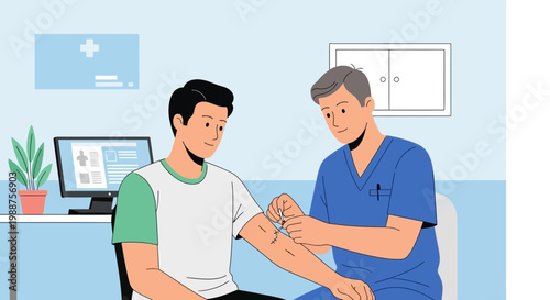 Doctor administering vaccine injection to patient in clinic examination room