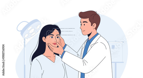 Cosmetic surgeon examines patient's face, planning aesthetic surgery with markings