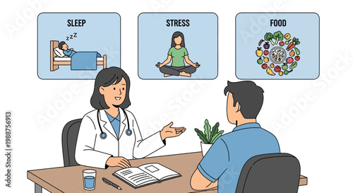 Doctor advises patient on sleep, stress, and food for healthy lifestyle