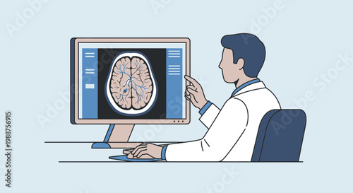 Doctor analyzes brain MRI scan on computer screen, medical diagnosis and research concept