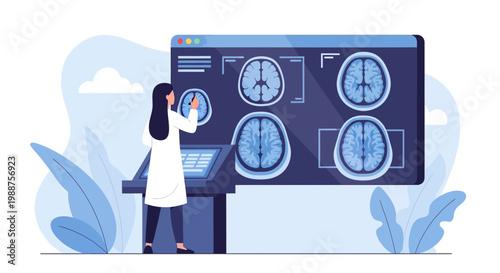 Doctor analyzing brain MRI scans on a futuristic digital display, medical technology concept