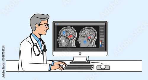 Doctor analyzing brain scan on computer screen, medical research, neuroscience