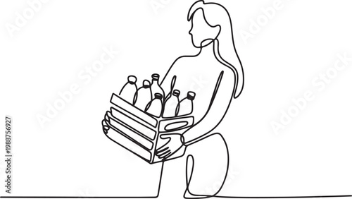 Continuous one single line drawing Woman Carrying Crate with Recyclable Plastic Bottles Eco Awareness icon.one line drawing vector illustration