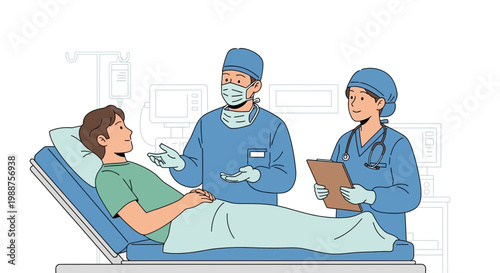 Doctor and nurse consult with patient in hospital bed, medical care concept
