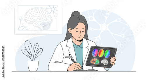 Doctor analyzing brain scans on tablet, medical research and diagnosis concept