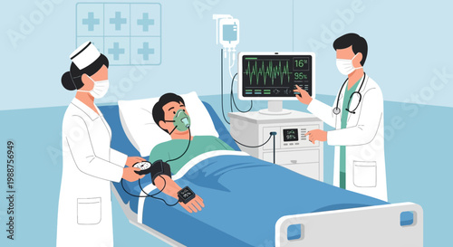 Doctor and nurse monitoring patient on life support in hospital room