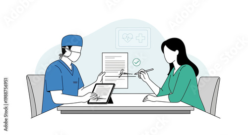 Doctor and patient signing medical consent form on digital tablet and paper