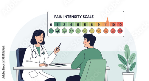 Doctor assessing patient's pain level using a visual scale in a medical consultation.