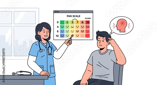 Doctor assessing patient's pain level using a pain scale chart in a clinic