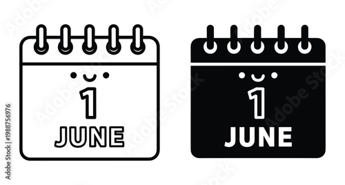 June first calendar icon set with cute smiley face character showing date number one in outline and solid black style
