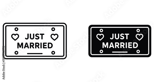 Just married license plate icon set with hearts for wedding car decoration celebration event announcement romantic vehicle bumper just married license plate
