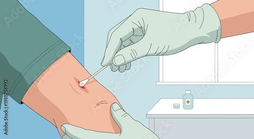 Doctor cleaning wound on patient's arm with cotton swab and antiseptic