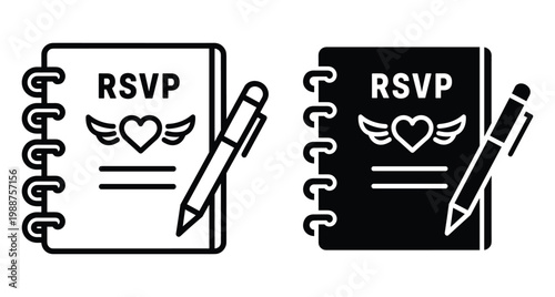 RSVP guestbook icon set with spiral notebook pen and winged heart symbol for wedding invitation response and event planning management