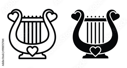 Lyre harp musical instrument icon set with heart shapes for romantic melody classical music symbol outline and solid black silhouette