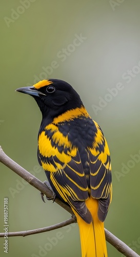 Black and bright yellow bird perches on a thin branch, side profile