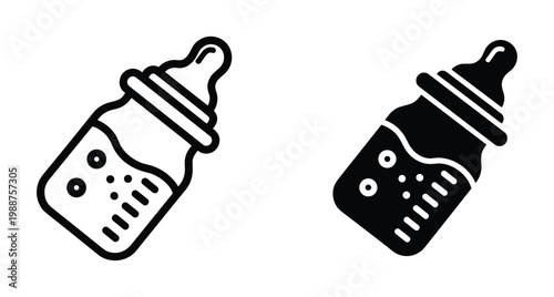 Baby bottle icon set with outline and solid versions for infant feeding milk formula nutrition childcare nursery equipment and parenting