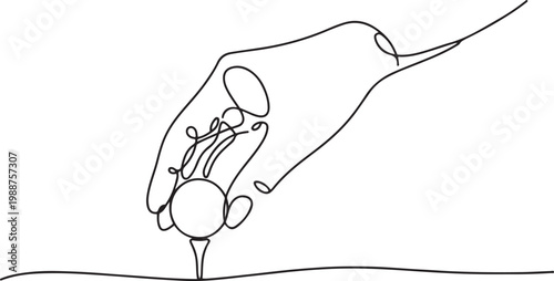 hand put golf ball on tee in continuous one line drawing style.one line drawing vector illustration