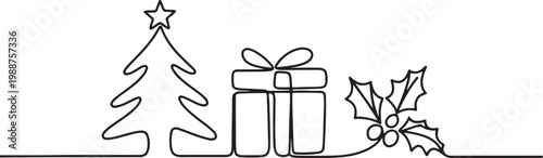 Continuous line drawing christmas tree, gift box, holly berry leaves. Concept of Christmas.one line drawing vector illustration